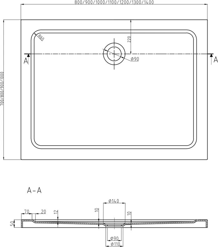 Mexen Flat brodzik prostokątny slim 110 x 70 cm, biały, syfon czarny - 40107011B