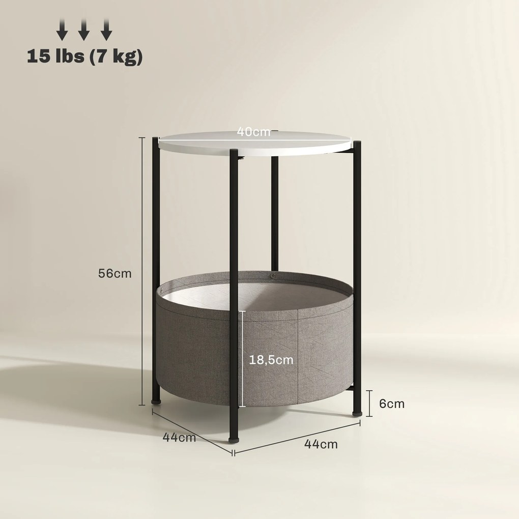 HOMCOM Okrągły stolik pomocniczy z koszem na tkaniny, 2-poziomowy stolik kawowy do salonu, sypialni, małe przestrzenie, metal, szary+biały