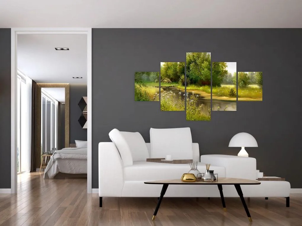 Obraz - Rzeka przy lesie, obraz olejny (125x70 cm)