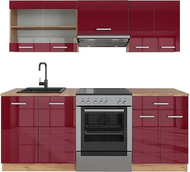 Aneks kuchenny czerwony wysoki połysk/złoty dąb 200x60x81.6 r-line