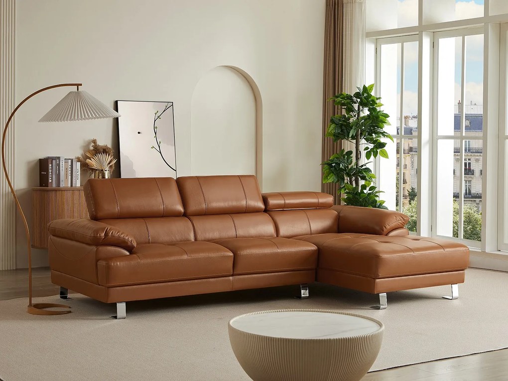 Kanapa narożna prawostronna z wysokiej jakości skóry w kolorze karmelowym – EXCELSIORA