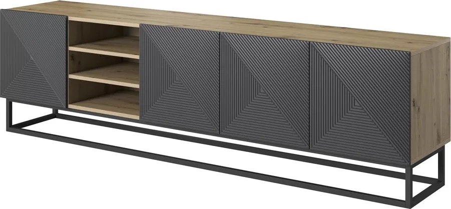 Szafka RTV Asha 200 cm z ryflowanym frontem i stelażem - artisan / rivier stone mat