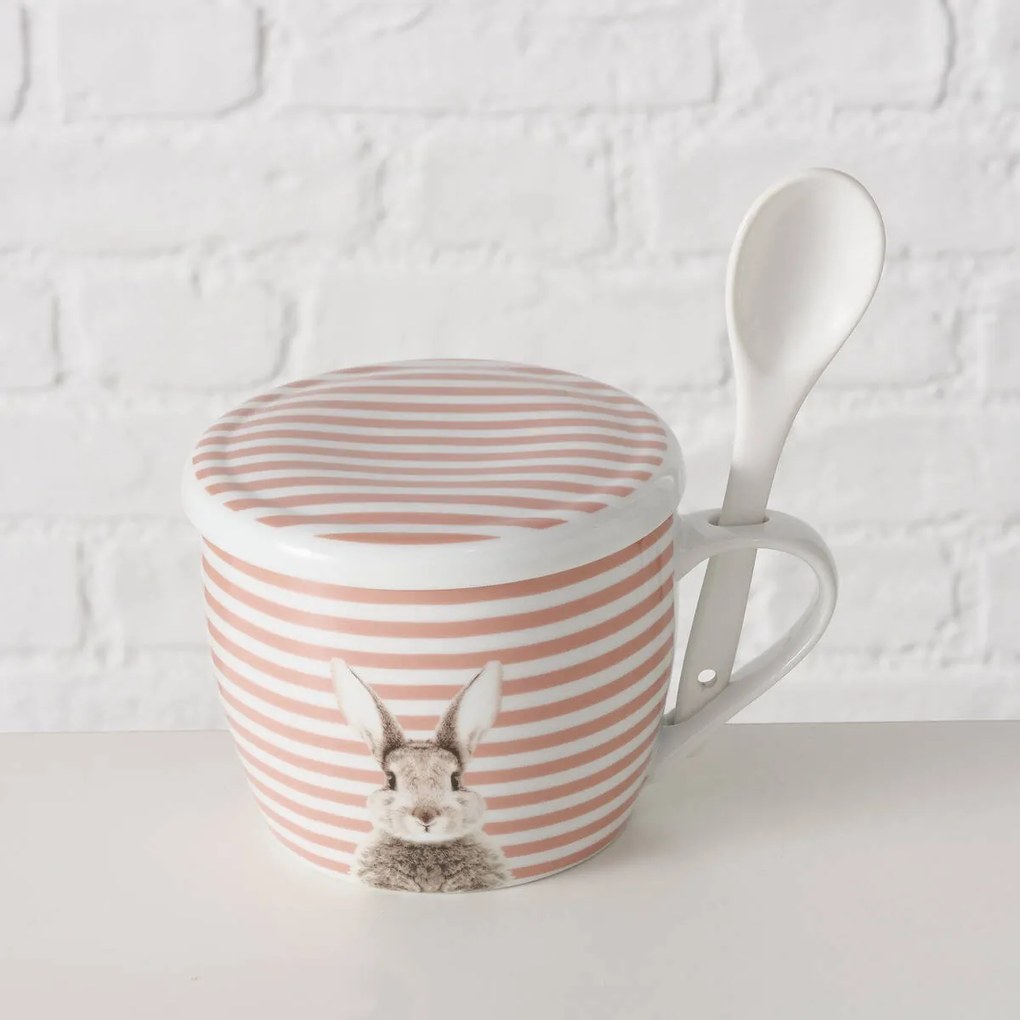 Kubek z pokrywką i z łyżeczką FLUFFY, porcelanowy, zajączek, 600 ml