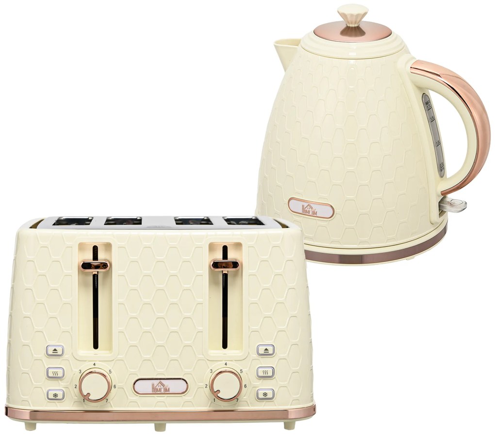 HOMCOM Zestaw do kuchni 2-w-1, Toster i Czajnik, wiele opcji, 1,7 L, 4 kromki jednocześnie, Tworzywo sztuczne, Kolor Beżowy