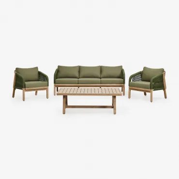 Zestaw Ogrodowy Z 3-osobową Sofą, 2 Fotelami I Stolikiem Kawowym Z Drewna Akacjowego Dubai Rustykalny Brąz Akacjowy & Tkaniny Verde Army - Sklum