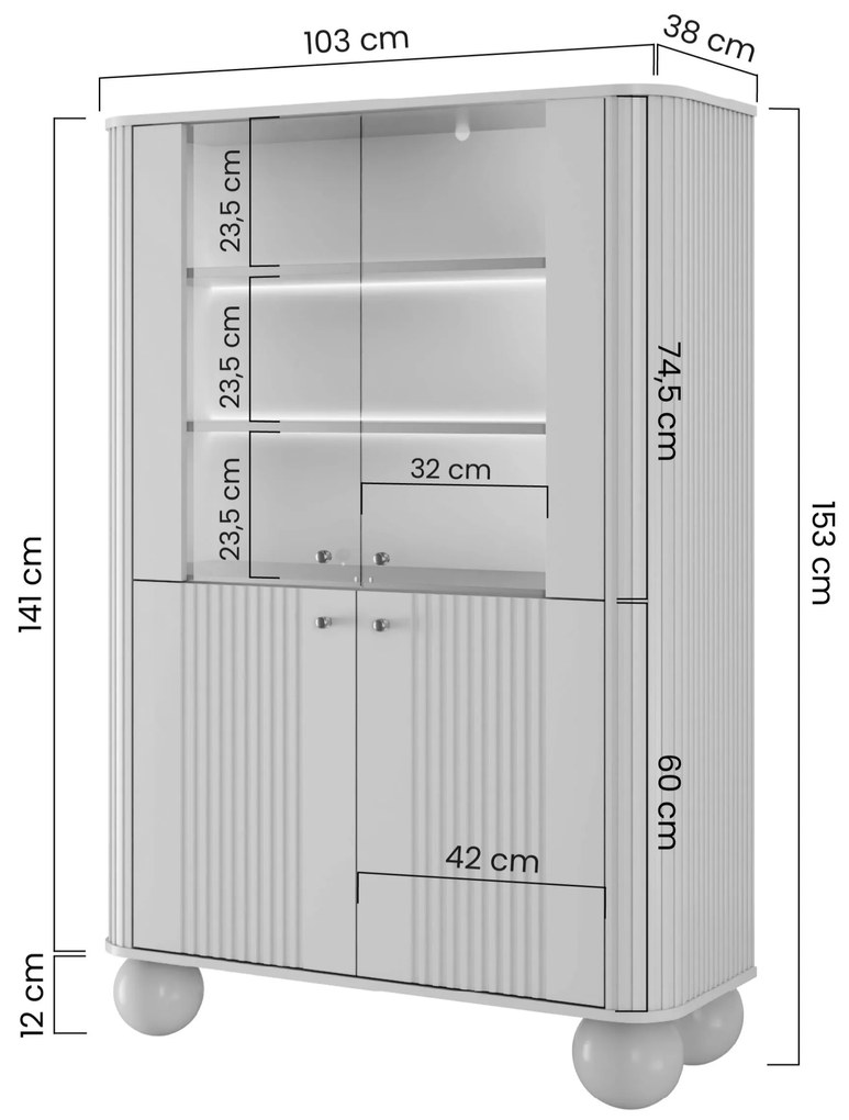 Witryna Vesper 103 cm czterodrzwiowa - kaszmir / orzech / złote uchwyty / nogi kule