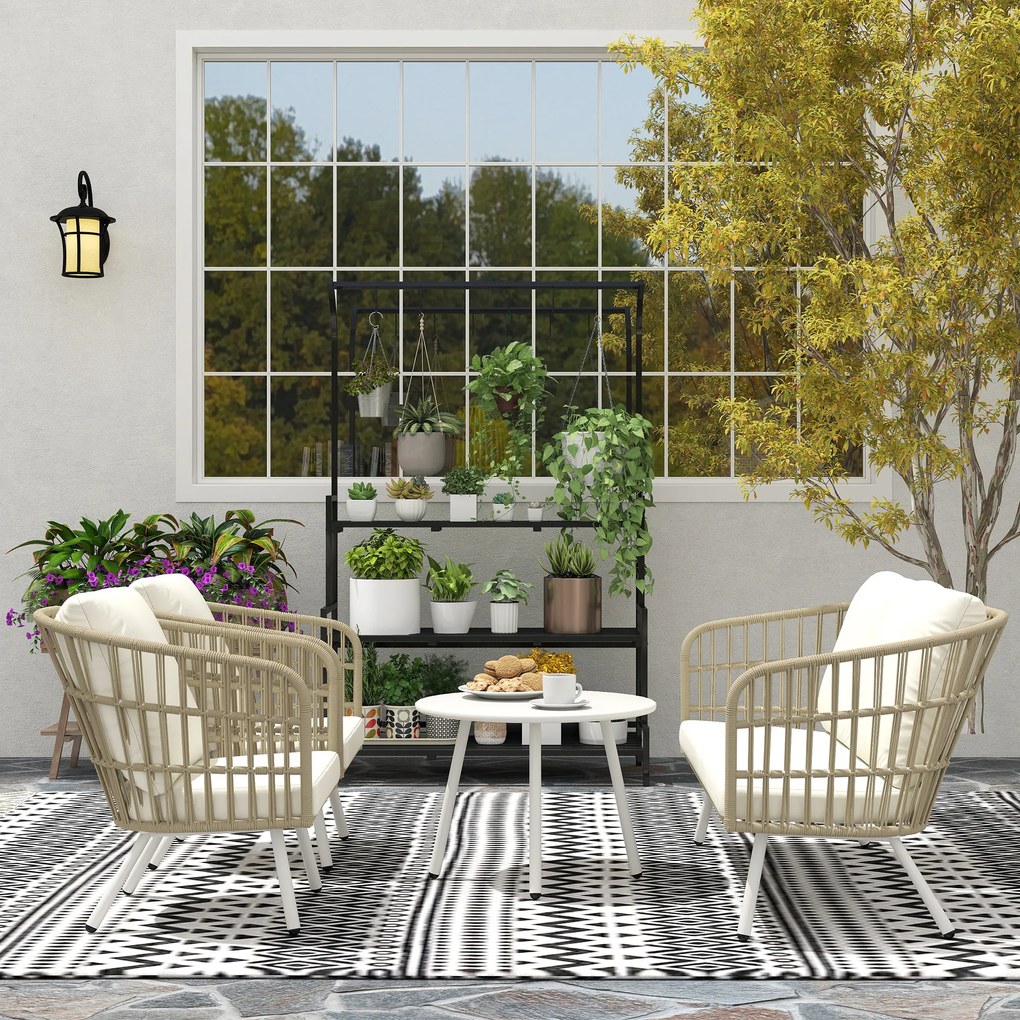 Zestaw mebli ogrodowych z polirattanu Outsunny: zestaw lounge z sofą 2-osobową, fotelami, stolikiem i poduszkami, odporny na warunki pogodowe dla 4 osób - Khaki