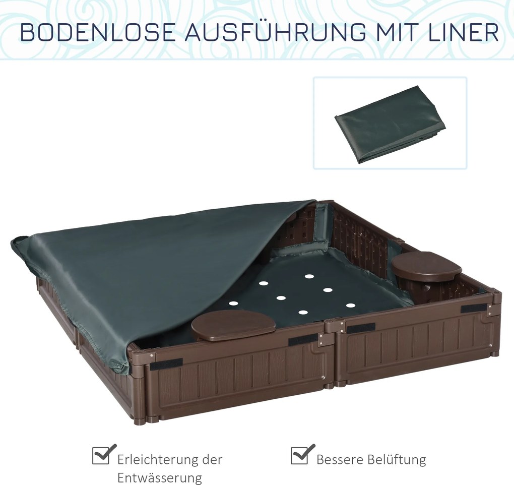 Outsunny Piaskownica z siedzeniami dla 4 osób, z podkładką i pokrowcem, dla dzieci w wieku od 3 do 12 lat, HDPE, 123 x 123 x 21 cm, brązowa