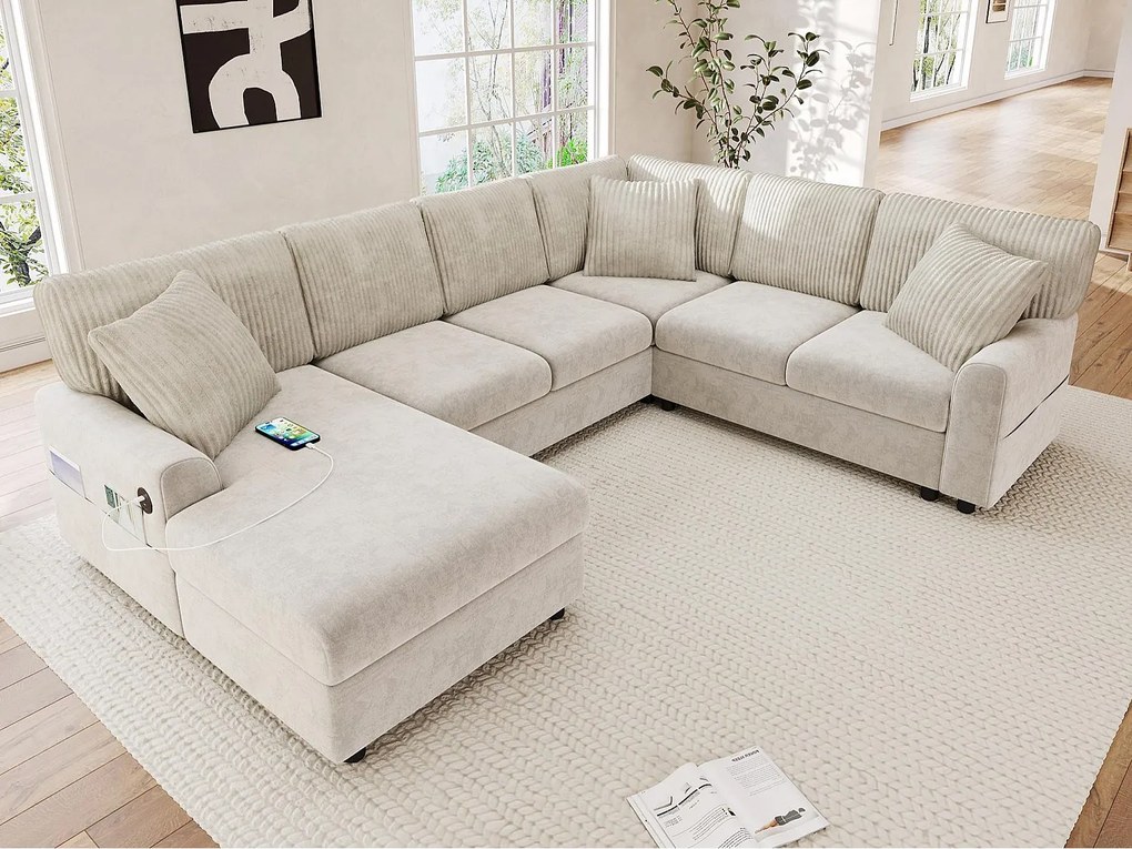Nowoczesny narożnik w kształcie litery U - z 1 leżanką, 3 poduszkami, 1 portem USB i 1 portem Type-C - Chenille, welur prążkowany - Beżowy