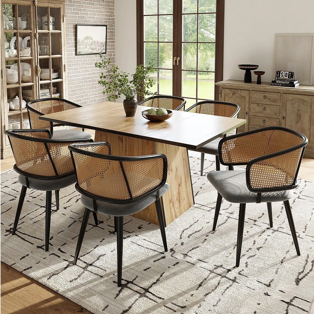 Zestaw 6 welurowych i rattanowych krzeseł do jadalni z metalowymi nogami o strukturze drewna – szary