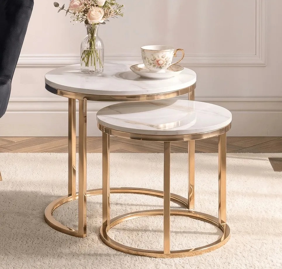 Zestaw ceramicznych stolików Milano 60 cm i 45 cm, biały marmur/złoty