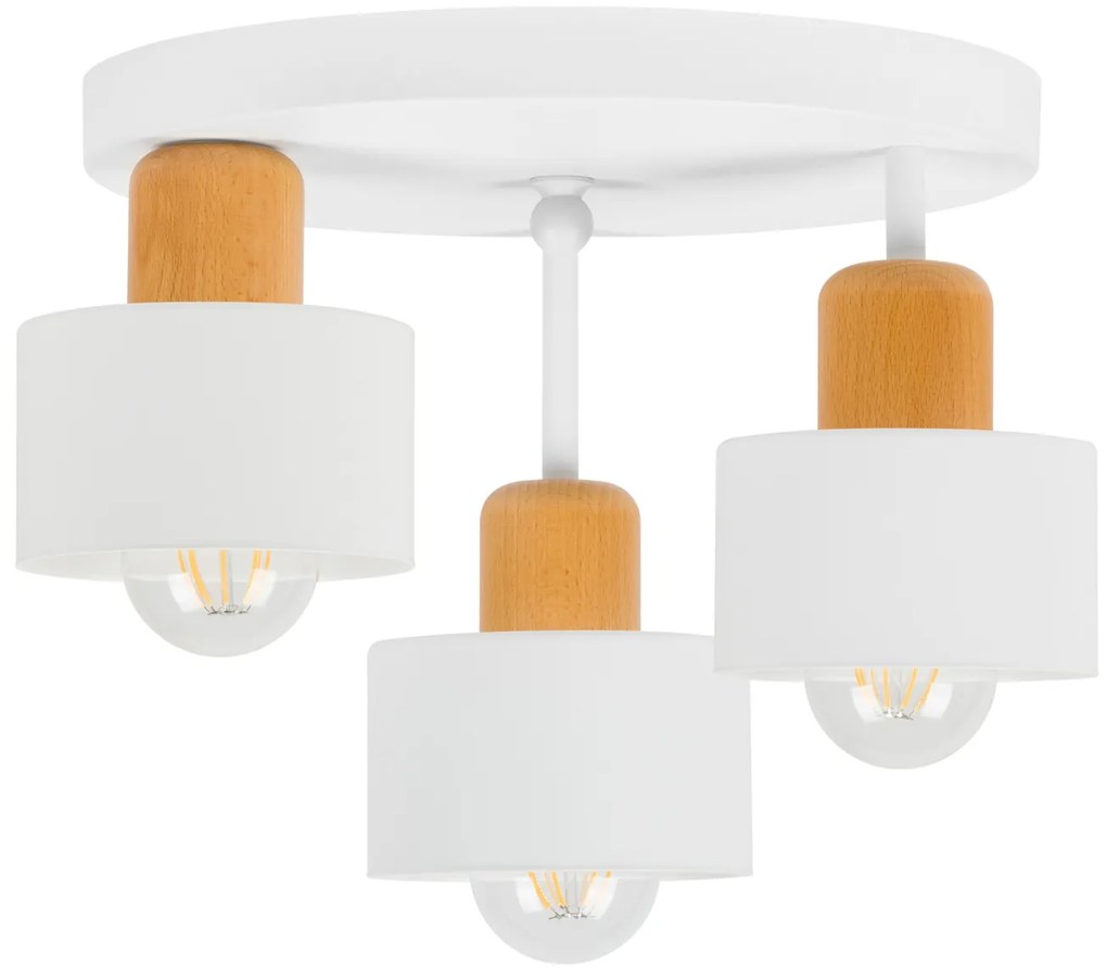 Biała lampa sufitowa, trzypunktowy spot DBU3030WE z drewna i metalu E2