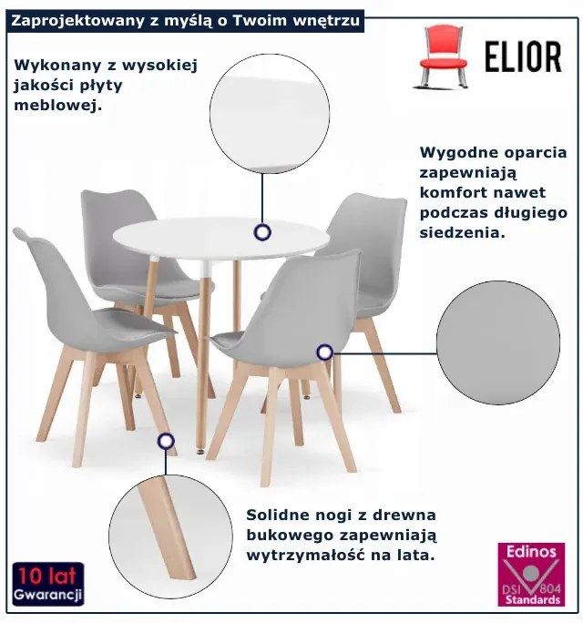 Biały stół + 4 sztuki szarych krzeseł M7-L36