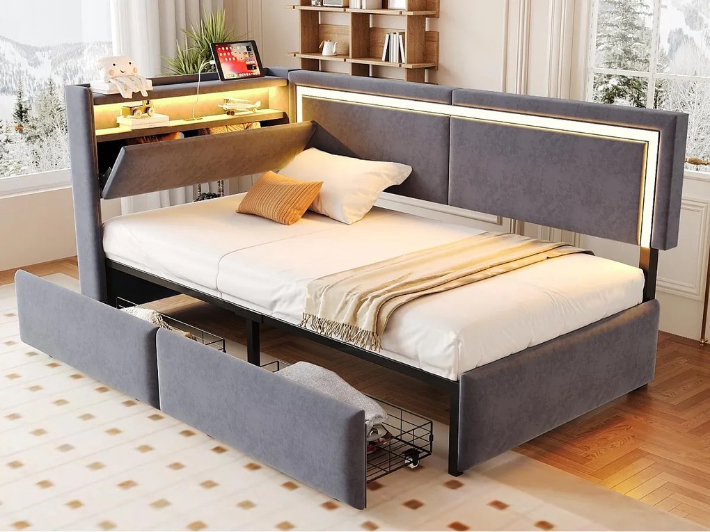Rozkładana sofa 90x200 cm - z oświetleniem LED i portem ładowania USB - 2 szuflady - tapicerka welurowa - ciemnoszary