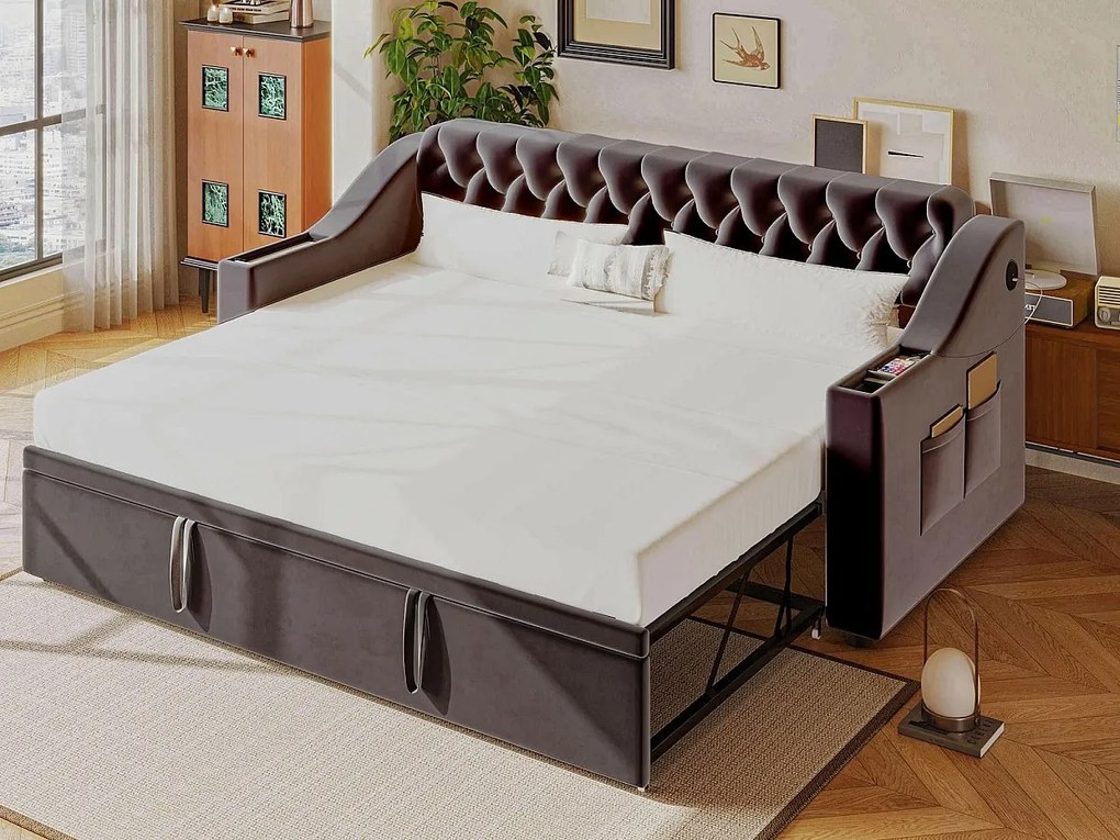 Tapicerowana sofa z łóżkiem 90x190 cm - z portem USB - z workiem do przechowywania - tkanina welurowa - ciemnoszary