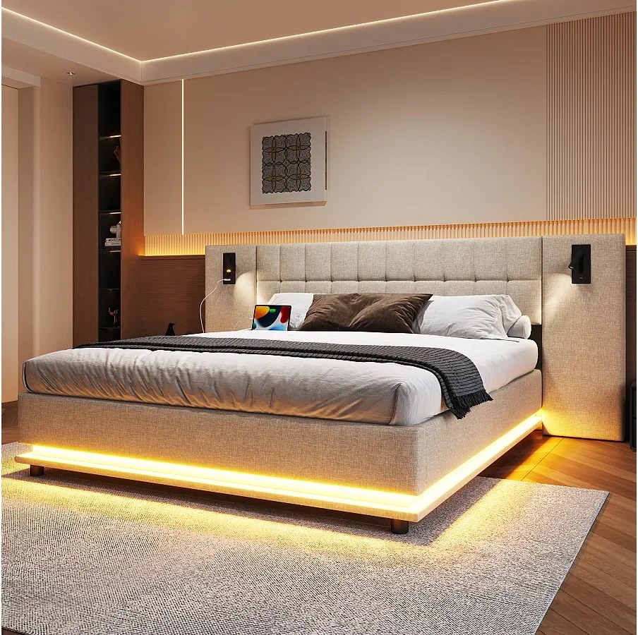 Łóżko tapicerowane dwuosobowe - 180 x 200 cm - z diodami LED + zagłówek z oświetleniem + USB - len - beż