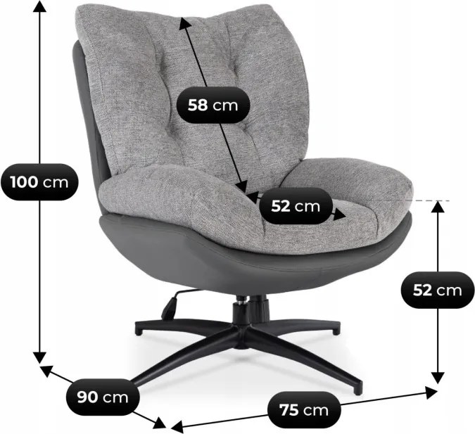 Fotel Wypoczynkowy Obrotowy FREMONT z Podnóżkiem Szary/Czarny Nowoczesny