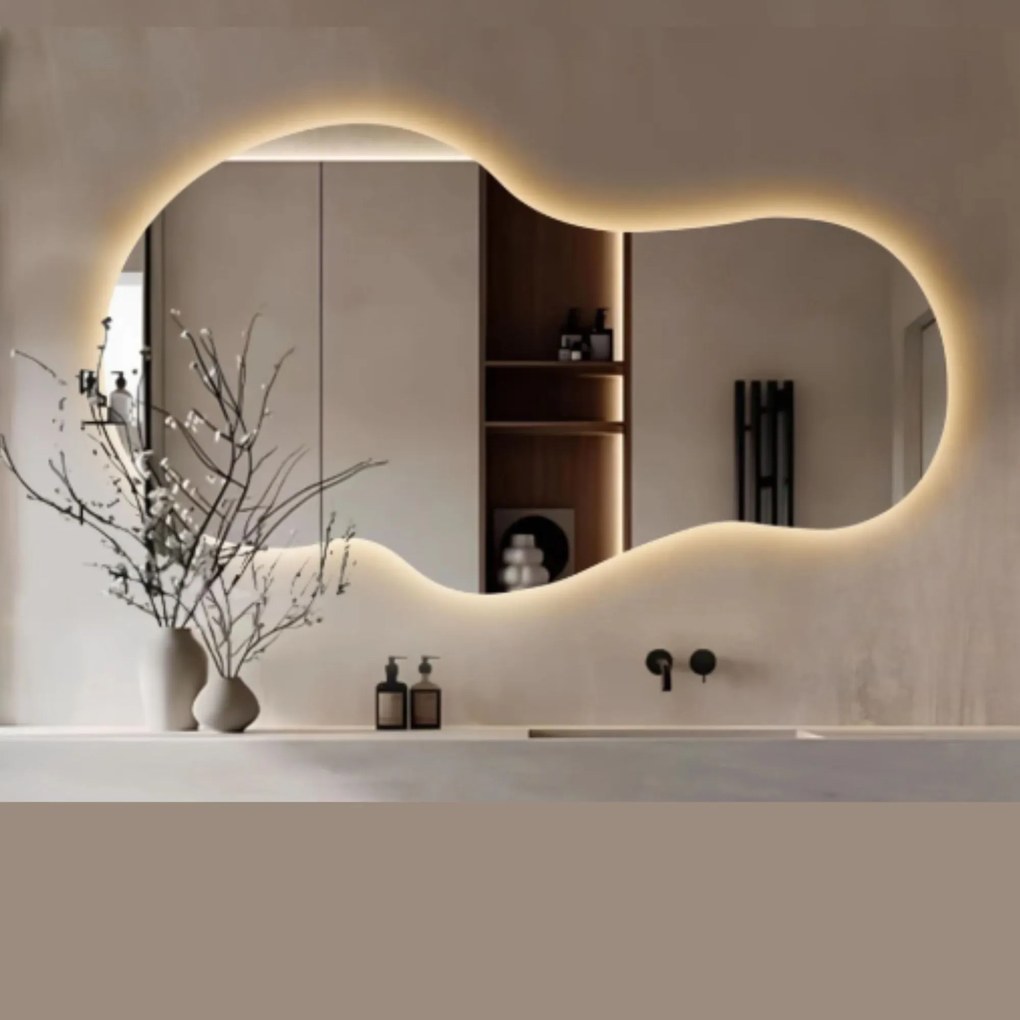 Lustro dekoracyjne o nieregularnym kształcie z podświetleniem FLOW Lagoon LED | Różne rozmiary | Różne kolory : Kolor tafli szkła - Srebrny, Rozmiar - 80 x 45