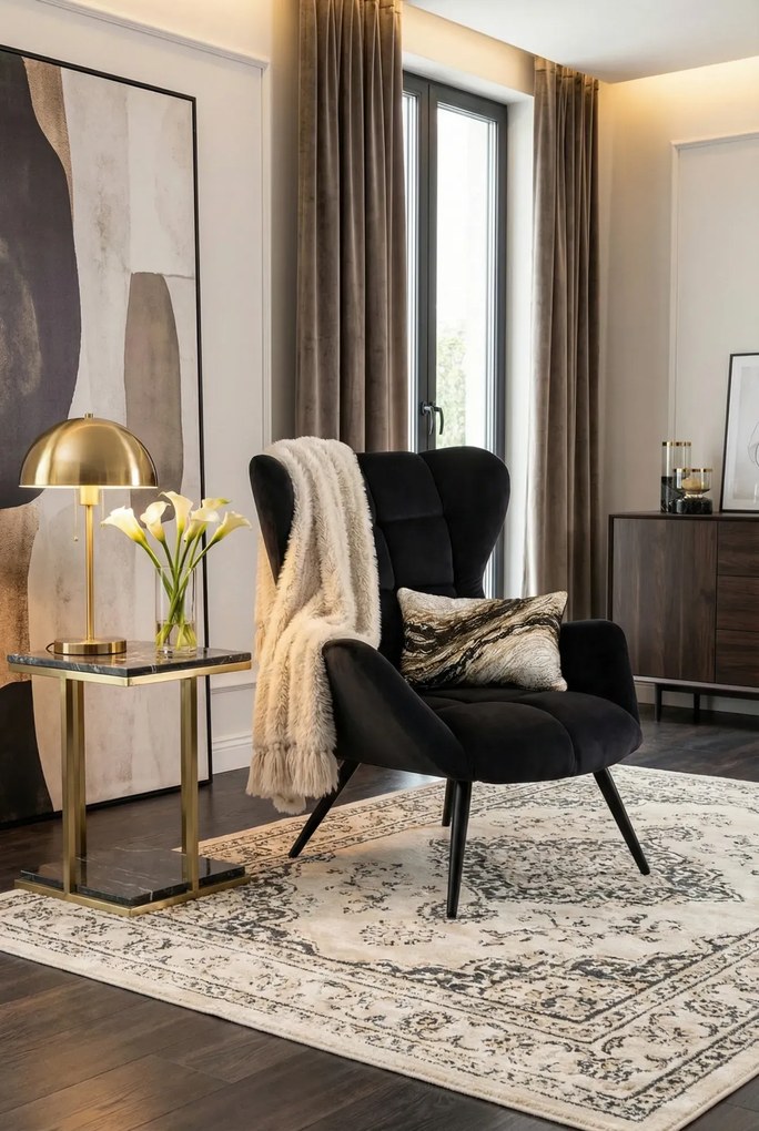 Tapicerowany czarny fotel uszak E9-R28