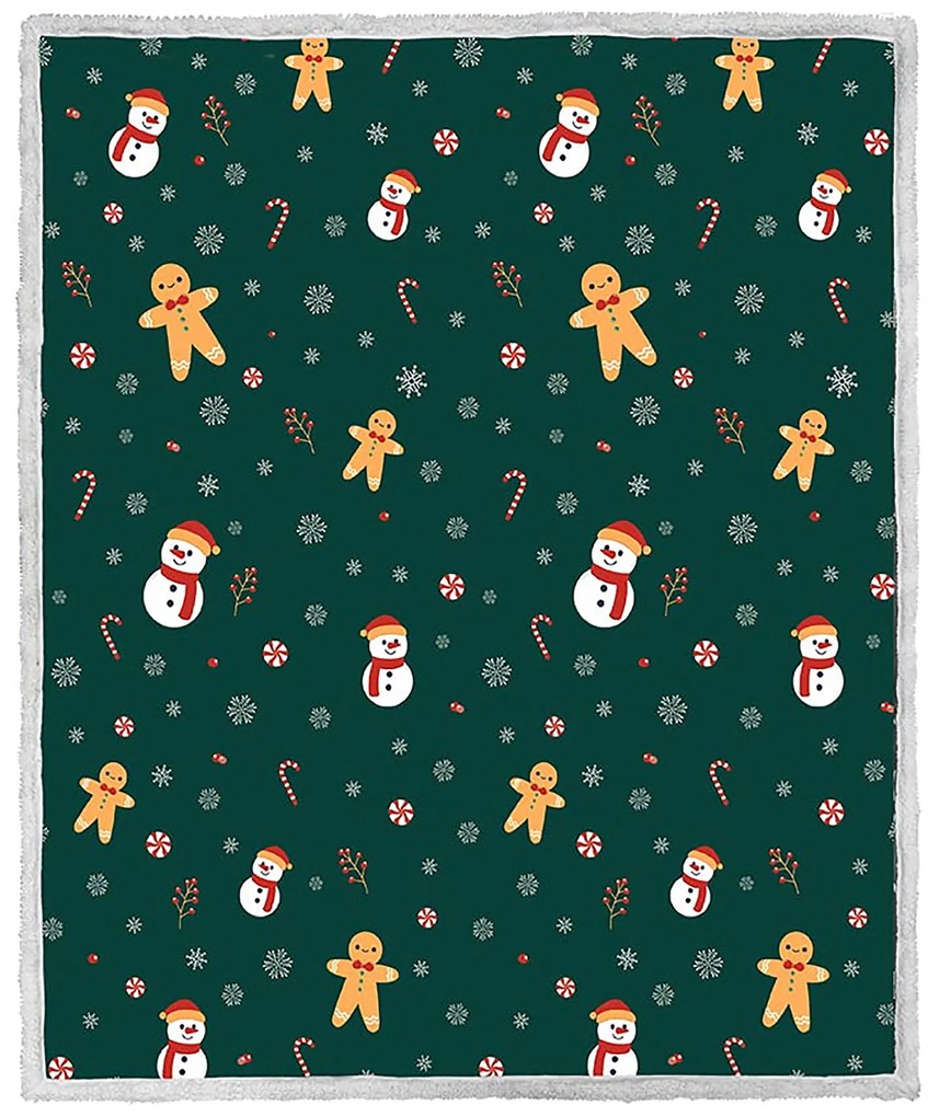 Świąteczny ciemnozielony koc z mikropluszu z barankiem SNOWMAN AND GINGERBREAD Rozmiar: 200 x 220 cm