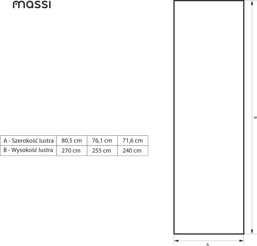 Lustro prostokątne bez podświetlenia TAVA Vertical XXL | Różne rozmiary | Różne kolory : Kolor tafli szkła - Srebrny, Rozmiar - 80x270