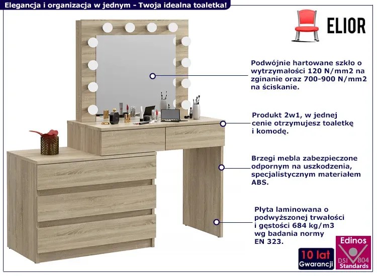 Zestaw toaletki z oświetleniem LED i komody dąb sonoma Rucal 5X