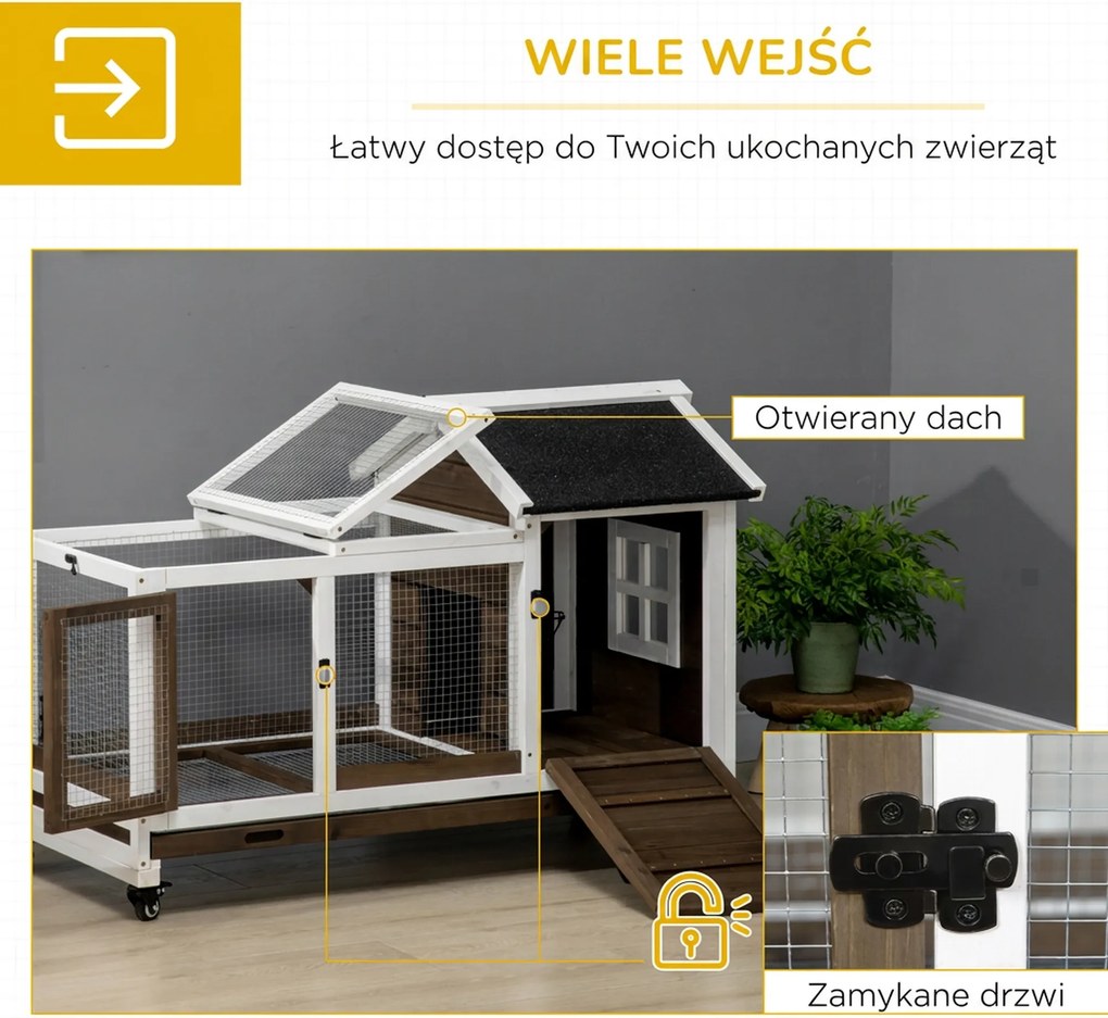 PawHut Kojec dla królików miniaturowych i świnek morskich, z kółkami, 108 x 58 x 73,5 cm, kawowy