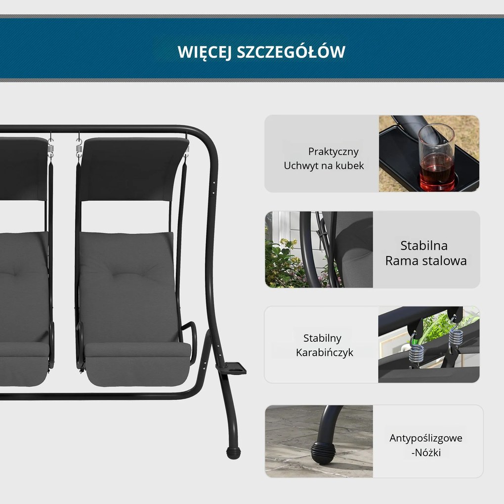 Outsunny Hollywoodschaukel Gartenschaukel, odporny na warunki atmosferyczne, 2 oddzielne miejsca, 2 uchwyty na napoje, 170 cm x 136 cm x 170 cm, Szary
