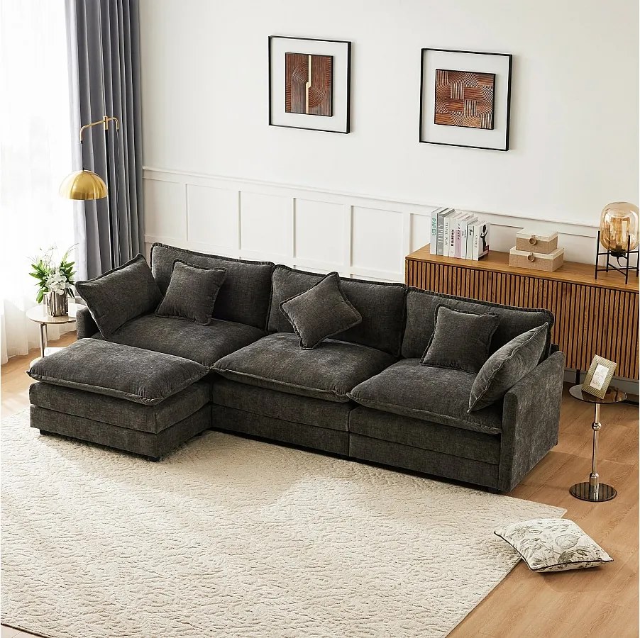 Sofa 3-osobowa, narożnik z podłokietnikami i miękkim oparciem - ciemnoszary szenil - idealna do salonu