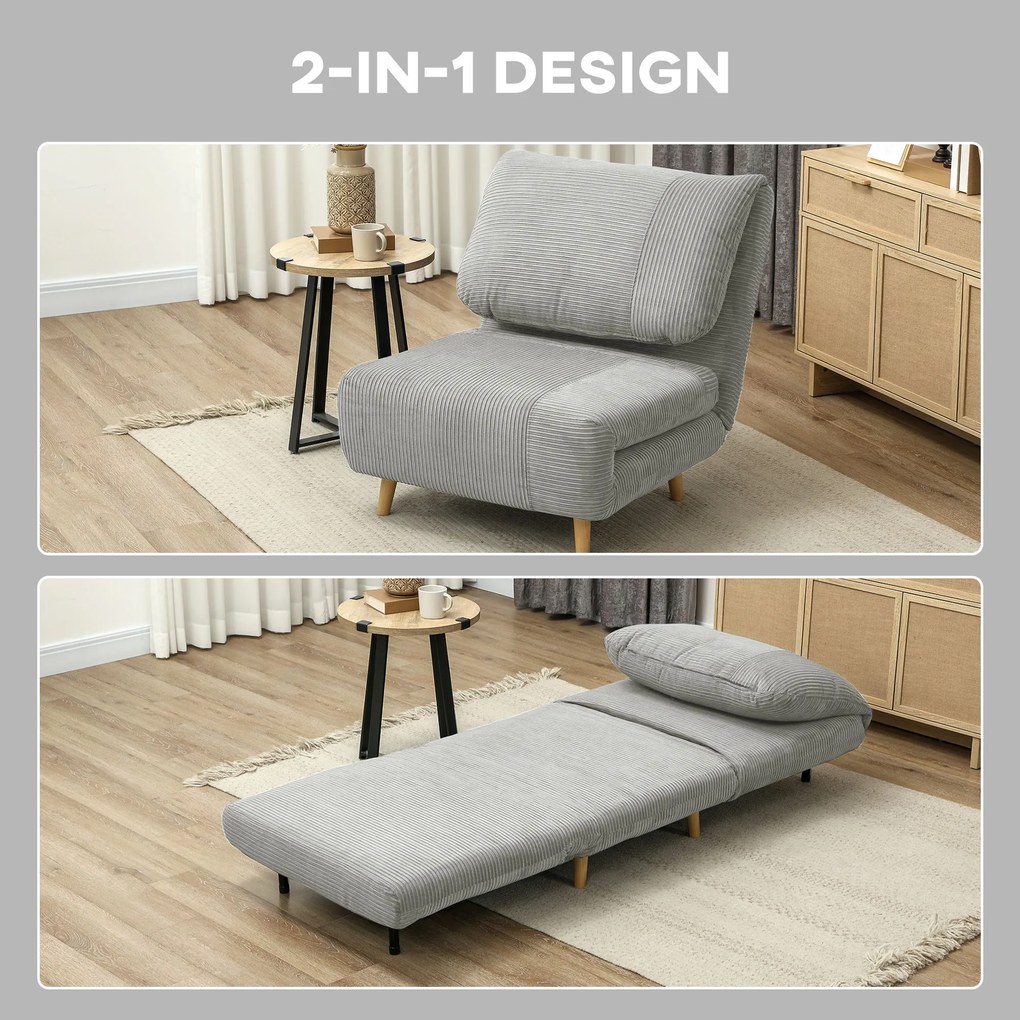 HOMCOM Fotel do spania 2-w-1 dla gości, regulowana poduszka wsparcia, optyka sztruksu, 82 cm x 89 cm x 83 cm, Szary