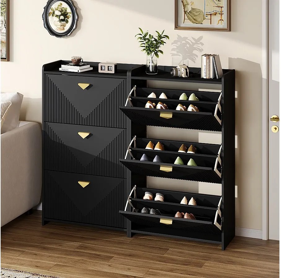 Szafka na buty do przedpokoju - 2 x 70 x 30 x 120 cm - z 3 drzwiami uchylnymi - MDF - czarna