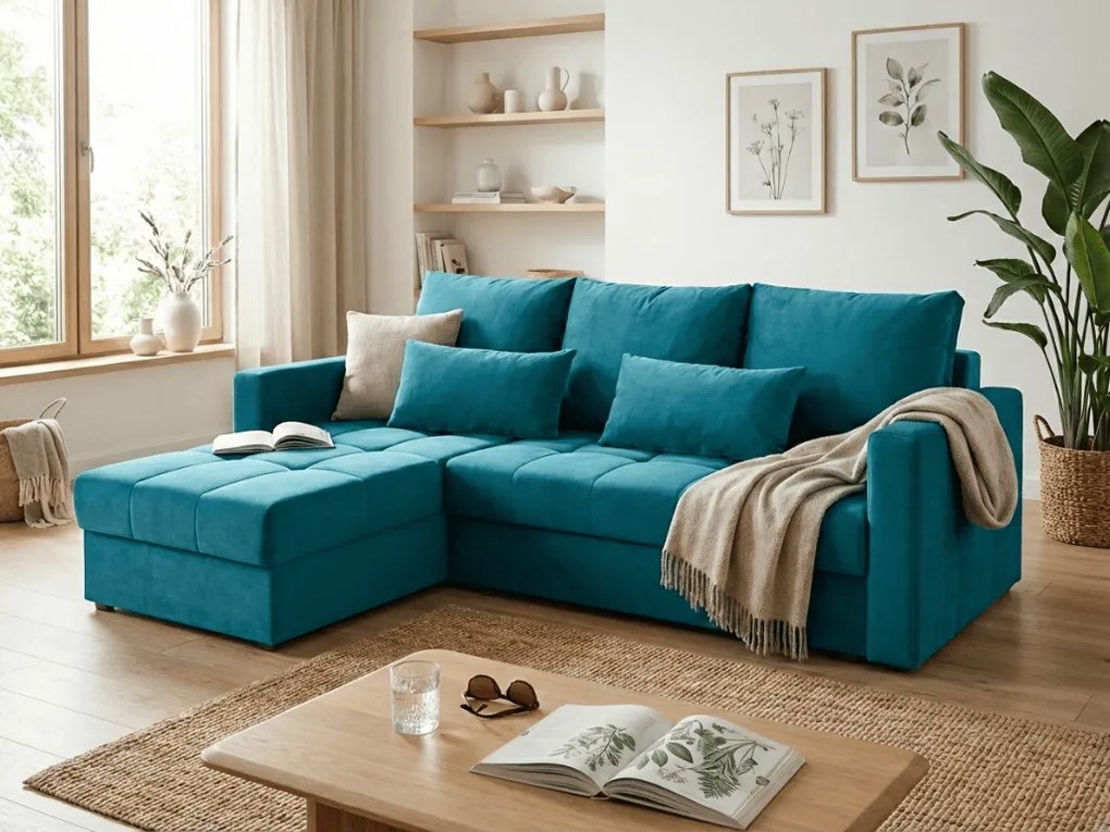 Niebieska rozkładana sofa narożna ZENOVA 220x140 cm, dwustronna