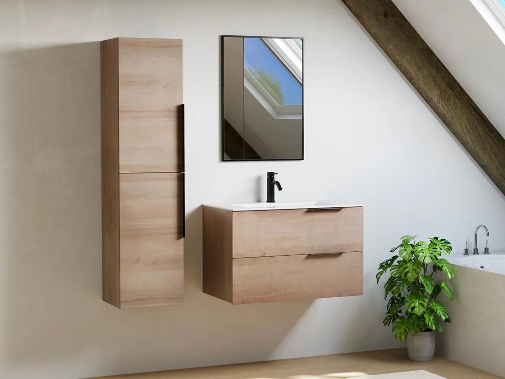 Szafka łazienkowa wisząca  z umywalką do zabudowy i kolumną - Jasny naturalny - 80 cm - NISAYA