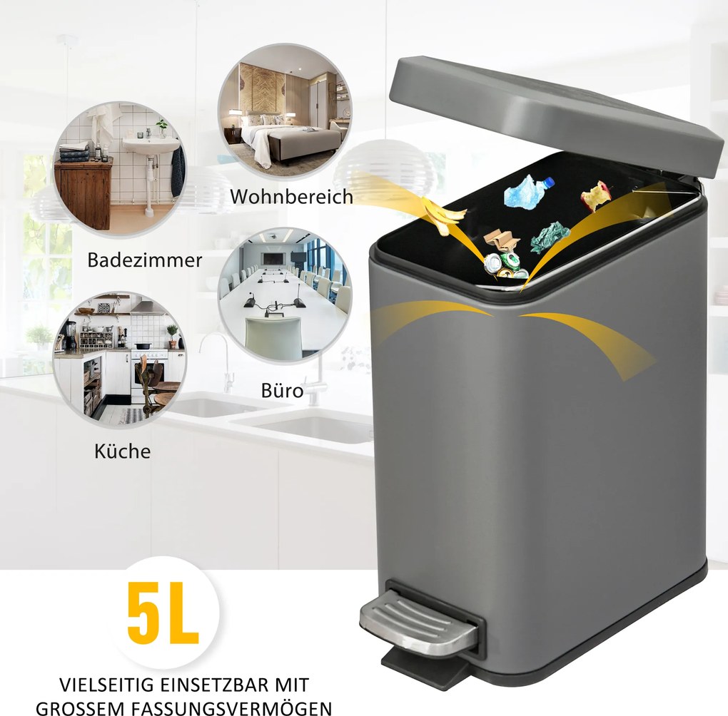 HOMCOM Kosz na śmieci 5L z pedałem i pokrywą Szary do salonu 29.2x14x32cm | Aosom PL