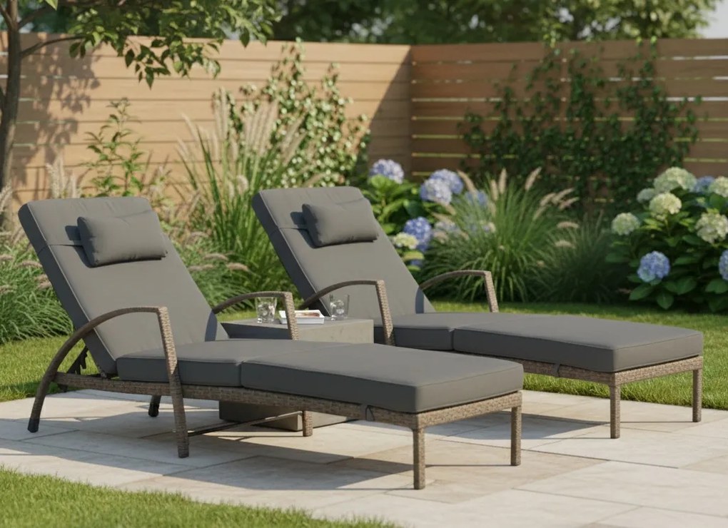 Zestaw 2 leżaków ogrodowych technorattan Ravello, jasny brąz, poduszki szare
