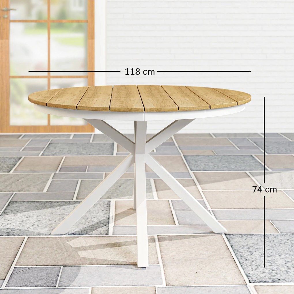 Outsunny Stół Ogrodowy Ø118cm, Wodoodporny Stół Balkonowy z Aluminium, Krzyżujące się nogi z projektem Lamel Teak