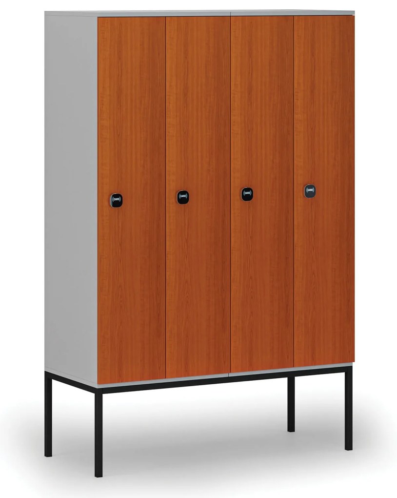 Drewniana szafa ubraniowa z podstawą, 4-drzwiowa, 1871 x 1200 x 500 mm, demontaż, zamek RFID, szary/czereśnia