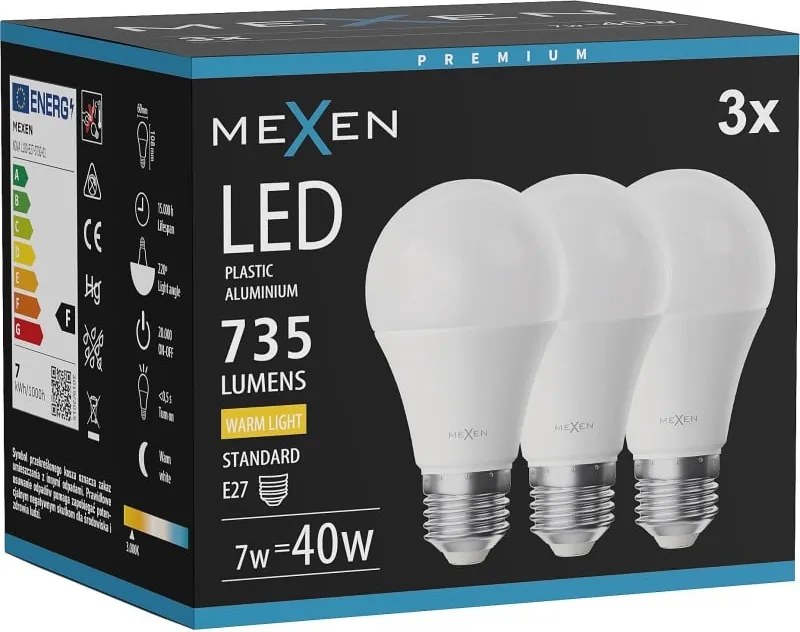 Mexen Nova 3x żarówka LED E27, A60, 7W, Ciepła - 3000K, 735 lm - L100-E27-0730-01x03