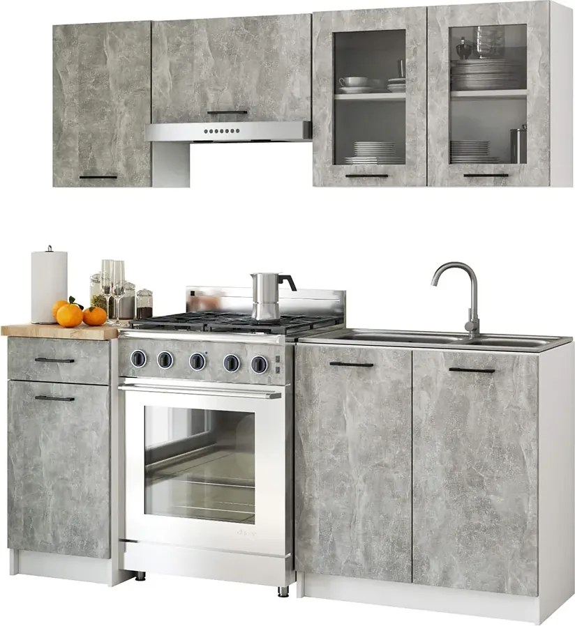 Mały komplet mebli kuchennych beton z witryną 180 cm M6-W78