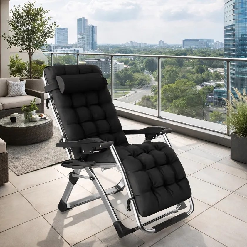 Leżak ogrodowy składany Solano TDC01 z poduszką i uchwytem na napoje, czarny