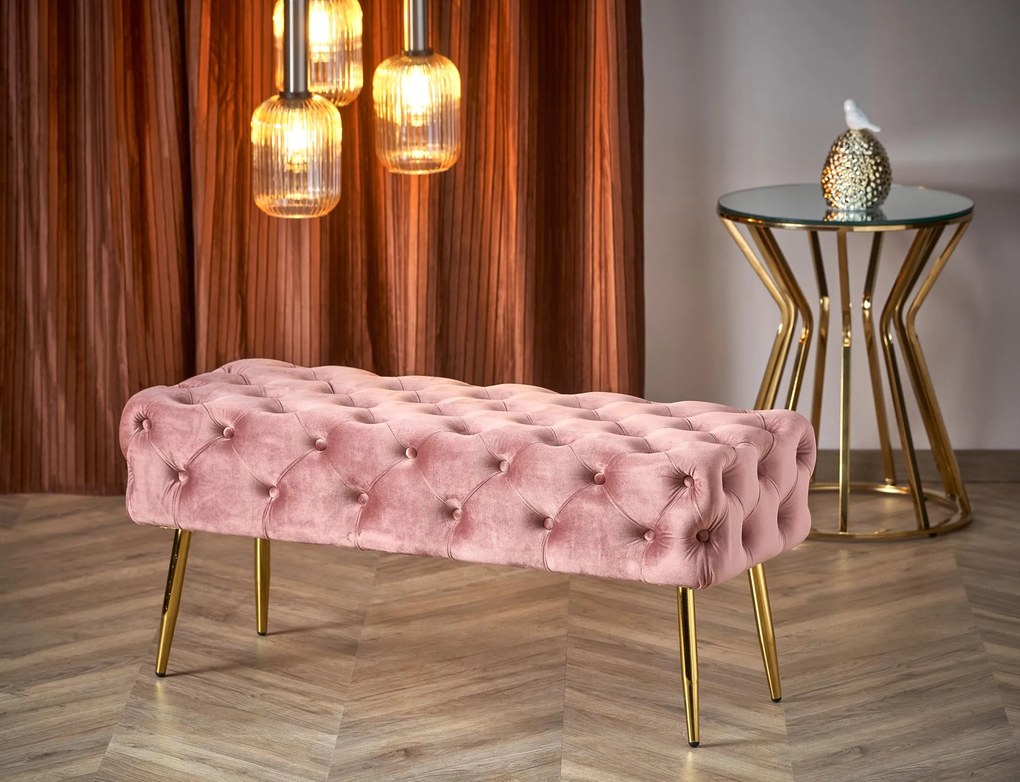 ADRIA ławka różowy / złoty, tapicerowana, pikowana, tkanina velvet, glamour