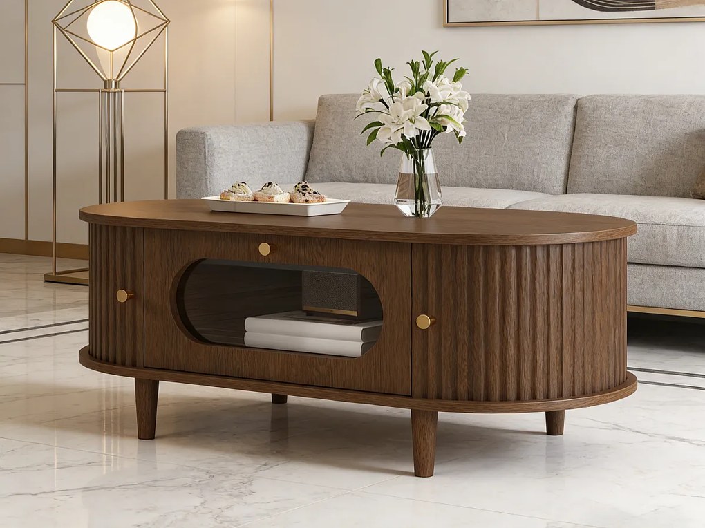 Stolik kawowy z imitacją drewna 100x50x36 cm - 1 szuflada i 2 drzwi przesuwne - MDF - Brązowy