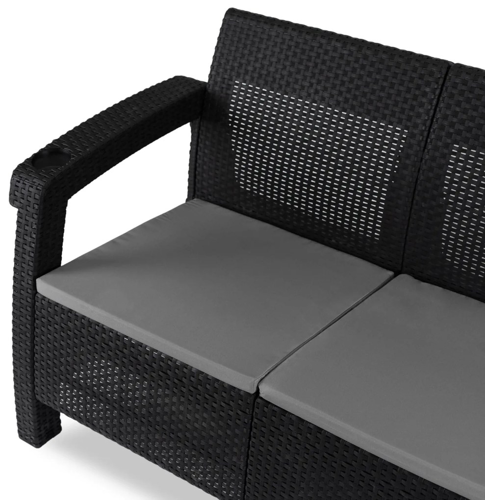 Sofa Ogrodowa FLINT Technorattan Czarna Trzyosobowa