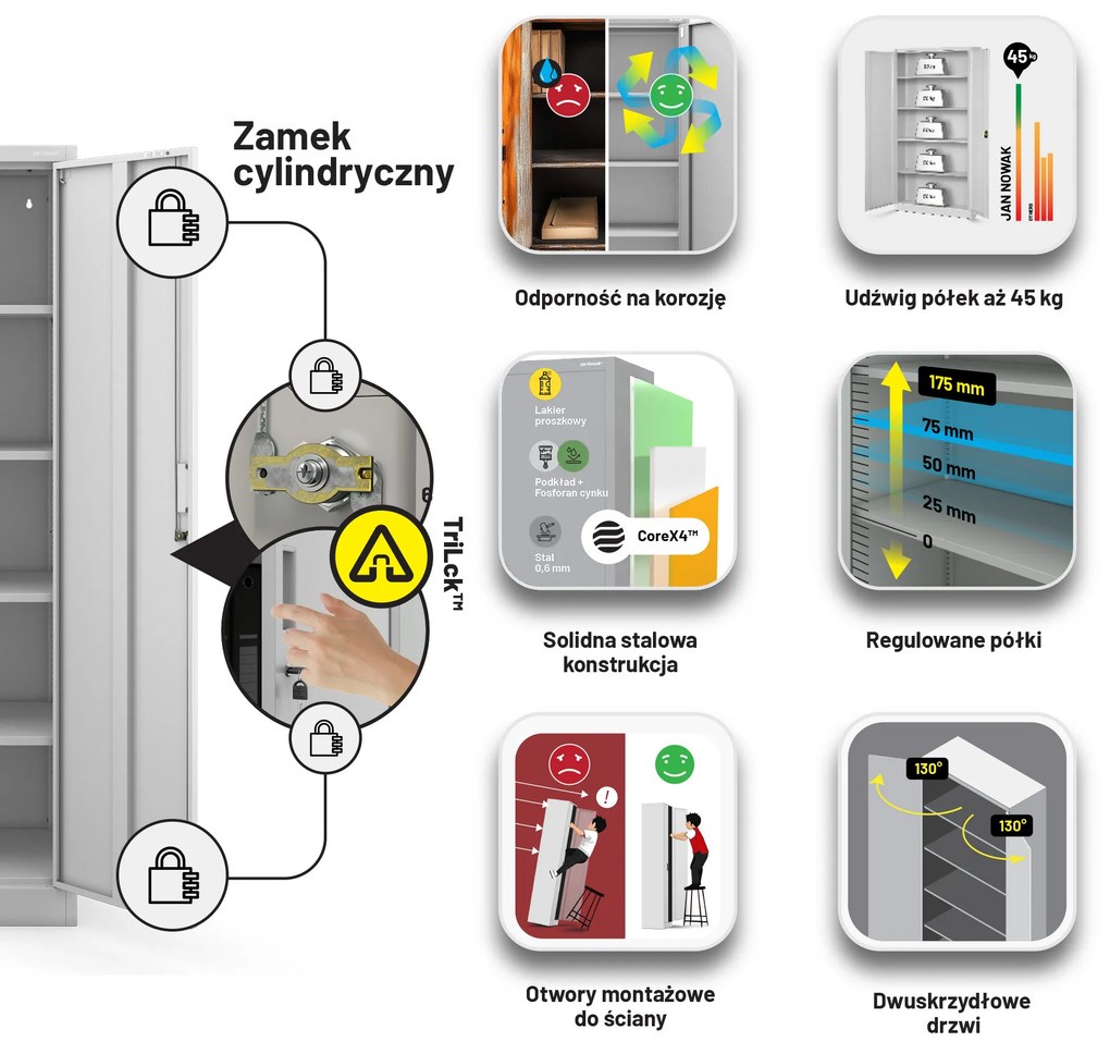 Szafa biurowa na dokumenty z 4 półkami szara, 1750x800x400 mm: JAN Compact