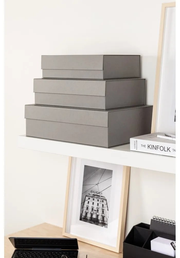 Szare kartonowe pojemniki zestaw 3 szt. z pokrywką 42,5x29,5x13 cm Kian Paper Laminate – Bigso