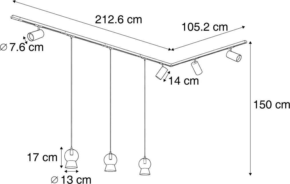 Nowoczesny system szynowy czarny z 4 reflektorami i 3 białymi lampami wiszącymi 1-fazowy - Iconic Bell Jeana Luxe