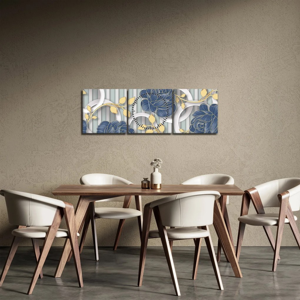 Obraz - róże i koła (z zegarem) (90x30 cm)