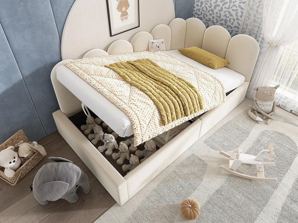 Łóżko z kanapą z miejscem do przechowywania - materiał aksamitny - 90x190 cm - z stelażem na listwy - Beżowy