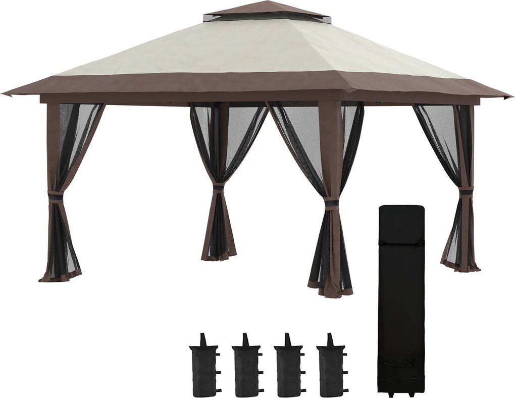Outsunny Pawilon Składany 4x4x3m Beżowy z Regulowaną Wysokością 4 Ścianki Siatkowe Dach Wentylacyjny Torba Szybki Montaż | Aosom PL