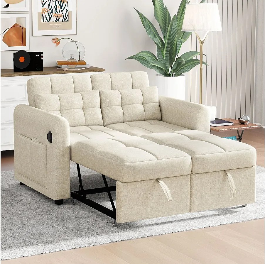 Sofa 2-osobowa rozkładana w tkaninie lnianej z regulowanym oparciem i portem USB, rozkładana sofa - 142 x 85 x 83 cm - Funkcja spania - Beżowa
